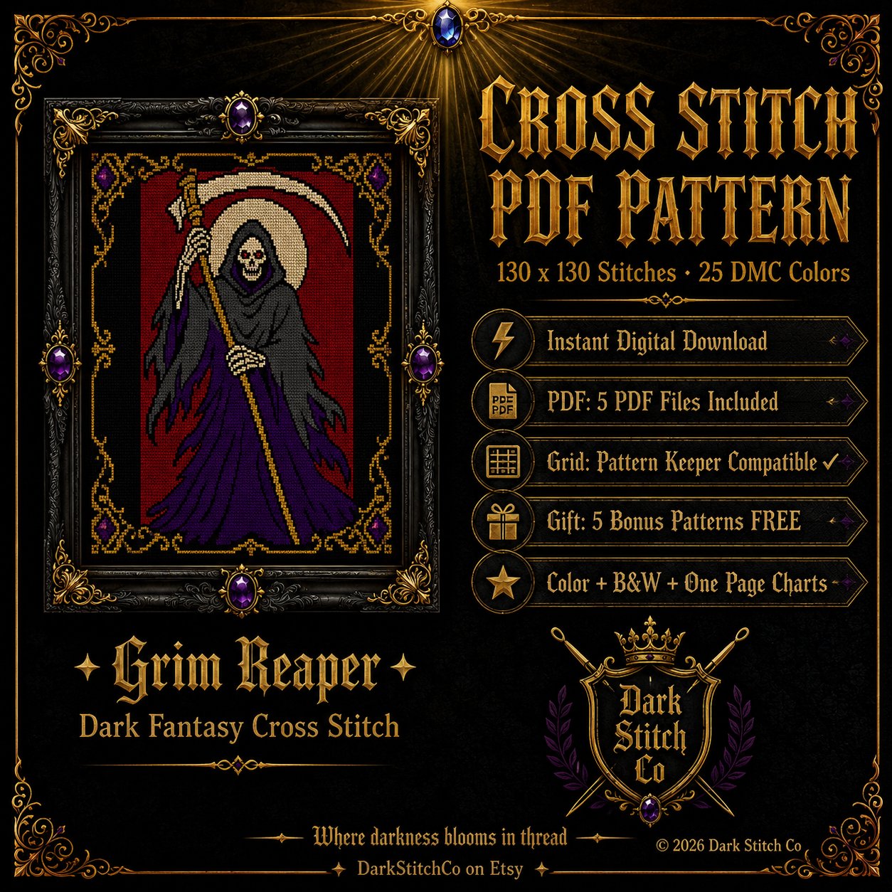 Gothic Grim Reaper cross stitch pattern PDF — dark fantasy 130x130 design by DarkStitchCo