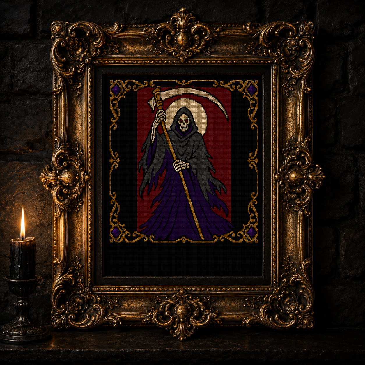 Gothic Grim Reaper cross stitch finished piece framed on dark gothic wall — handmade home decor