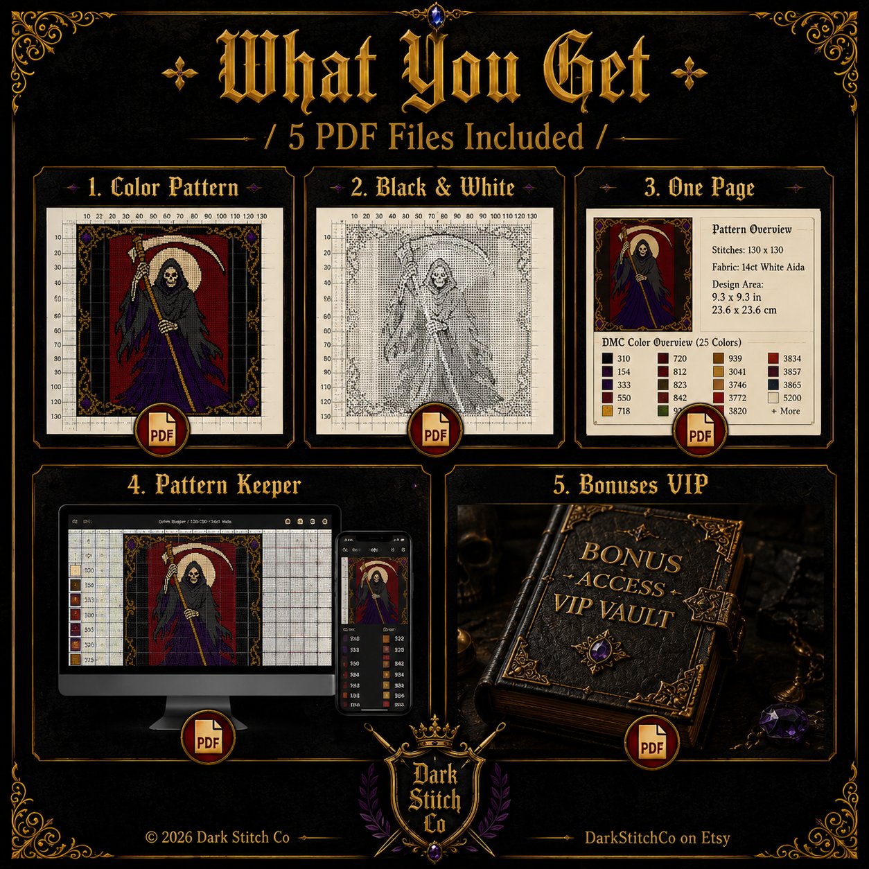 Gothic Grim Reaper cross stitch color chart preview with full DMC floss code list