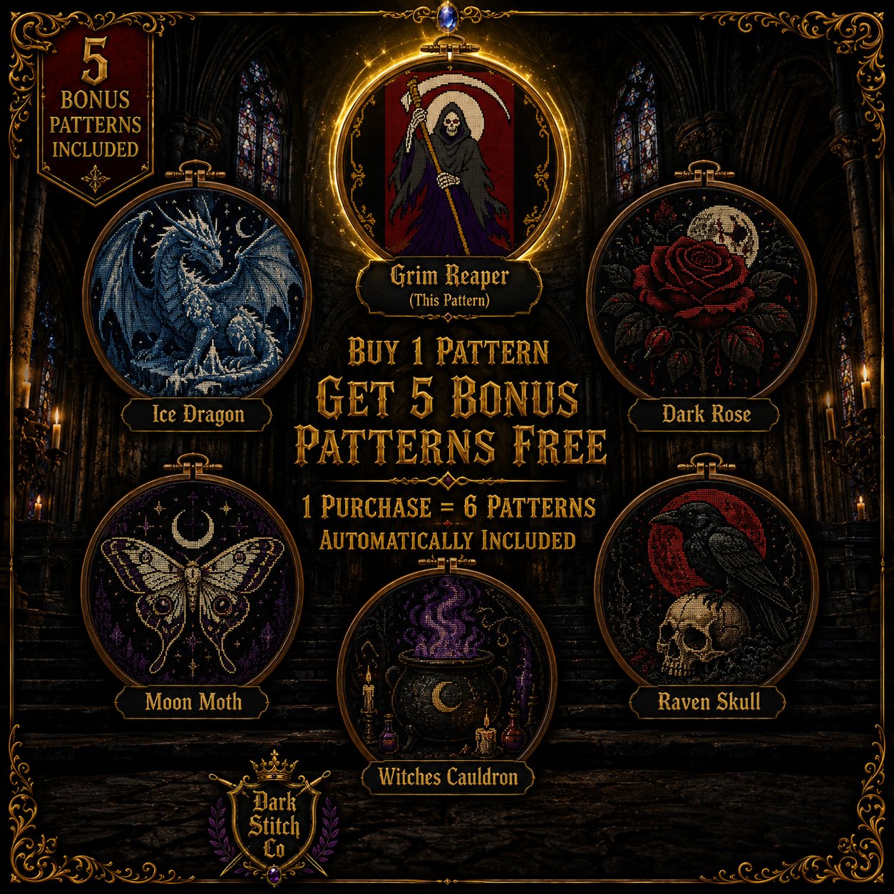 Gothic Grim Reaper cross stitch hoop displayed in witchy gothic home decor aesthetic