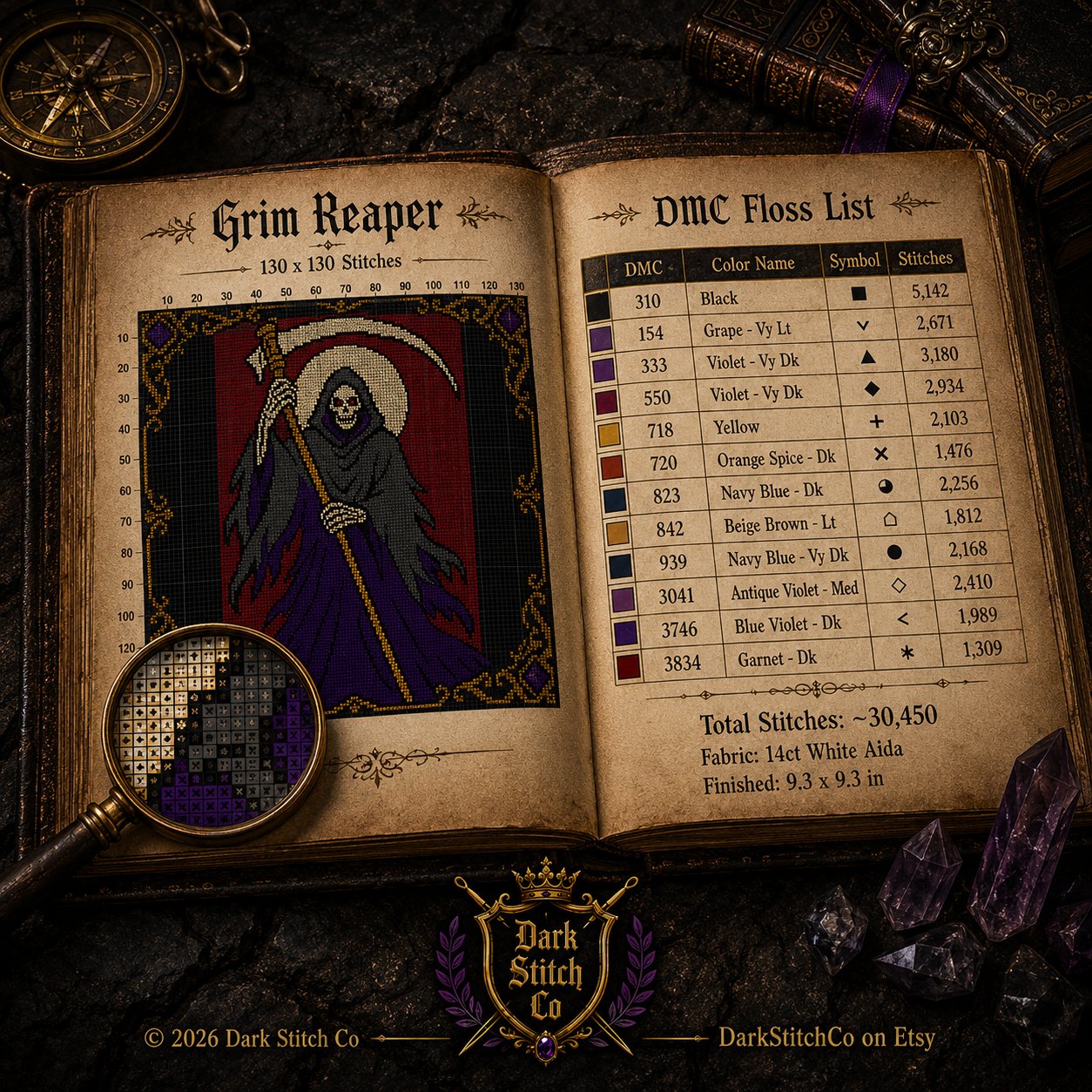 Gothic Grim Reaper cross stitch close-up detail showing intricate gothic stitch work