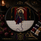 Gothic Grim Reaper cross stitch pattern shown with DMC floss thread color palette