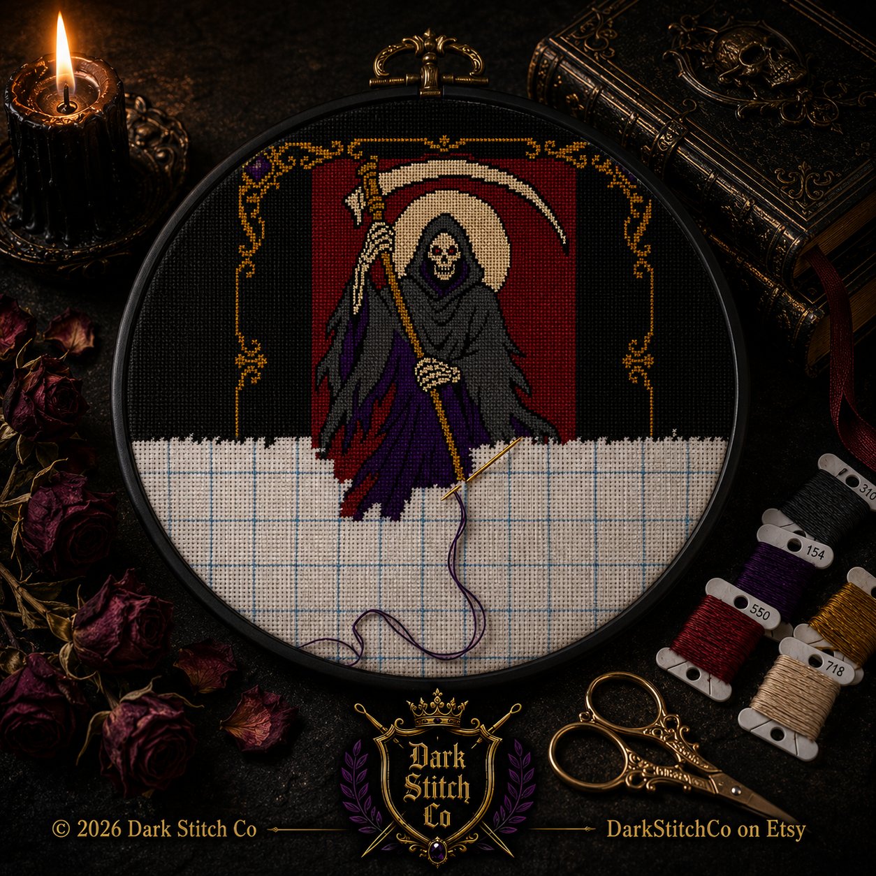 Gothic Grim Reaper cross stitch pattern shown with DMC floss thread color palette