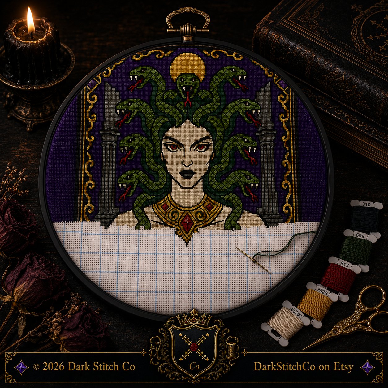 Gothic Medusa cross stitch hoop displayed in witchy gothic home decor aesthetic