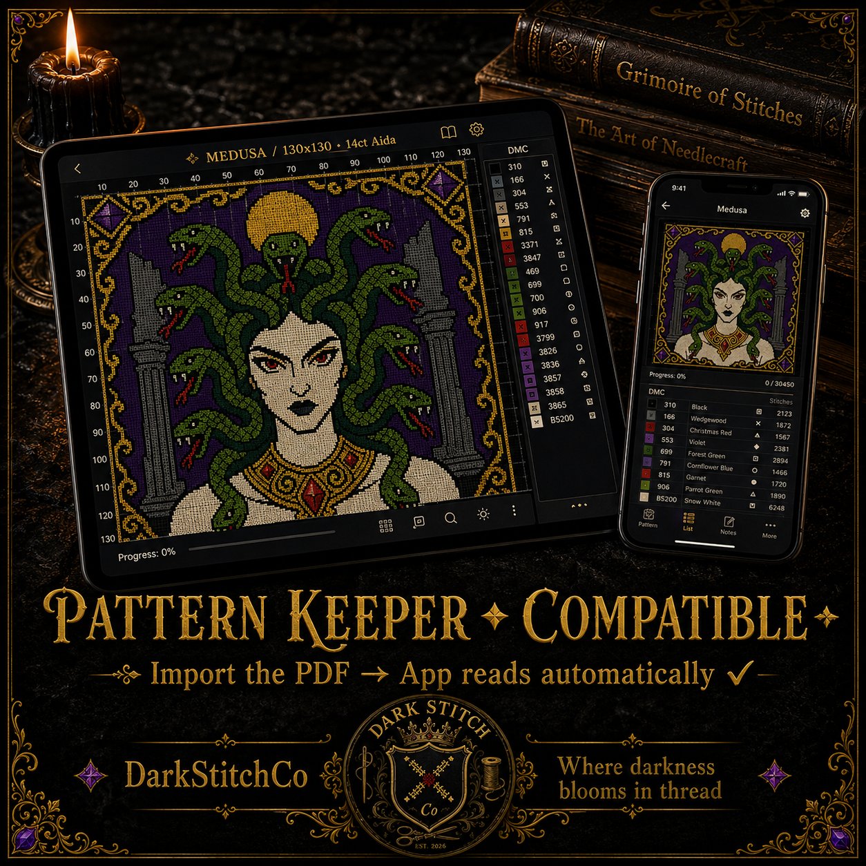 Gothic Medusa cross stitch pattern shown with DMC floss thread color palette