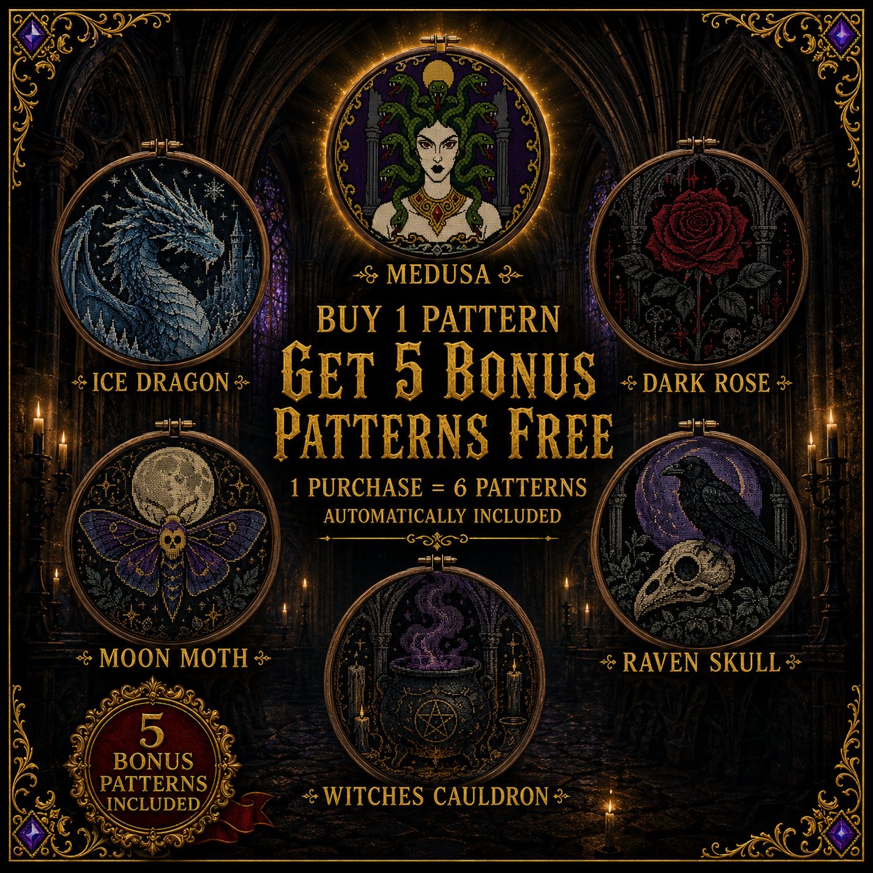 Gothic Medusa cross stitch black and white symbol chart preview — printer friendly