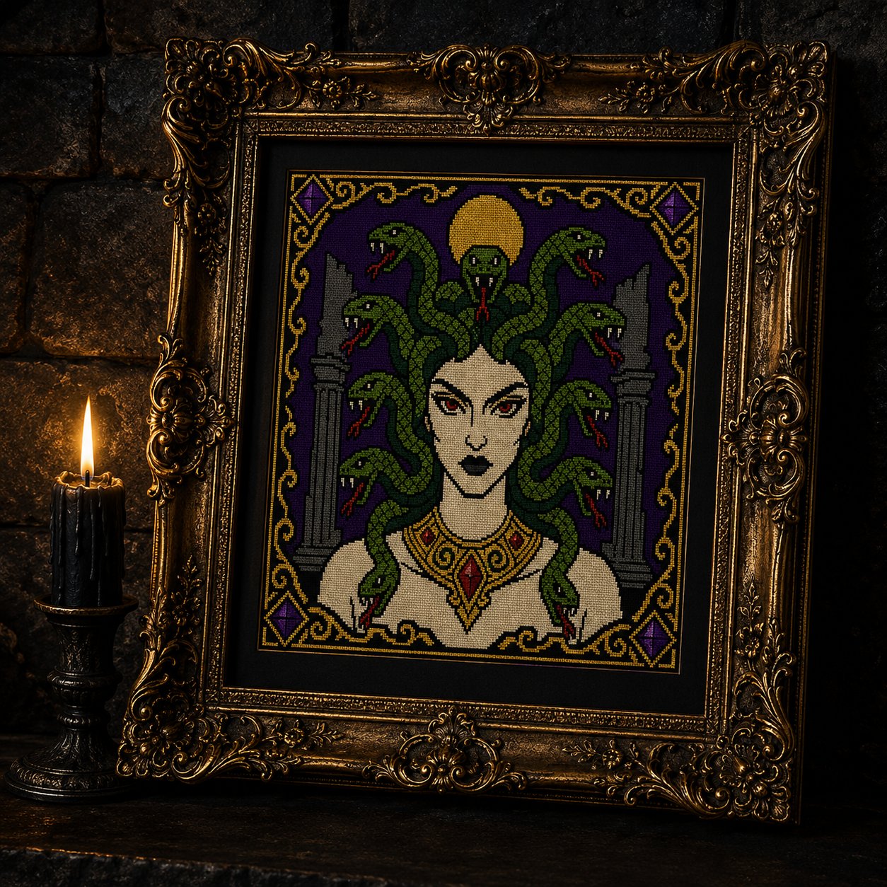 Gothic Medusa cross stitch gift idea for gothic stitchers and dark fantasy lovers