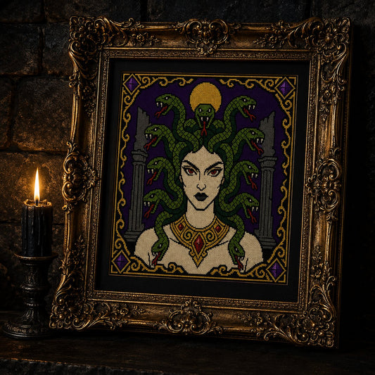 Gothic Medusa cross stitch gift idea for gothic stitchers and dark fantasy lovers