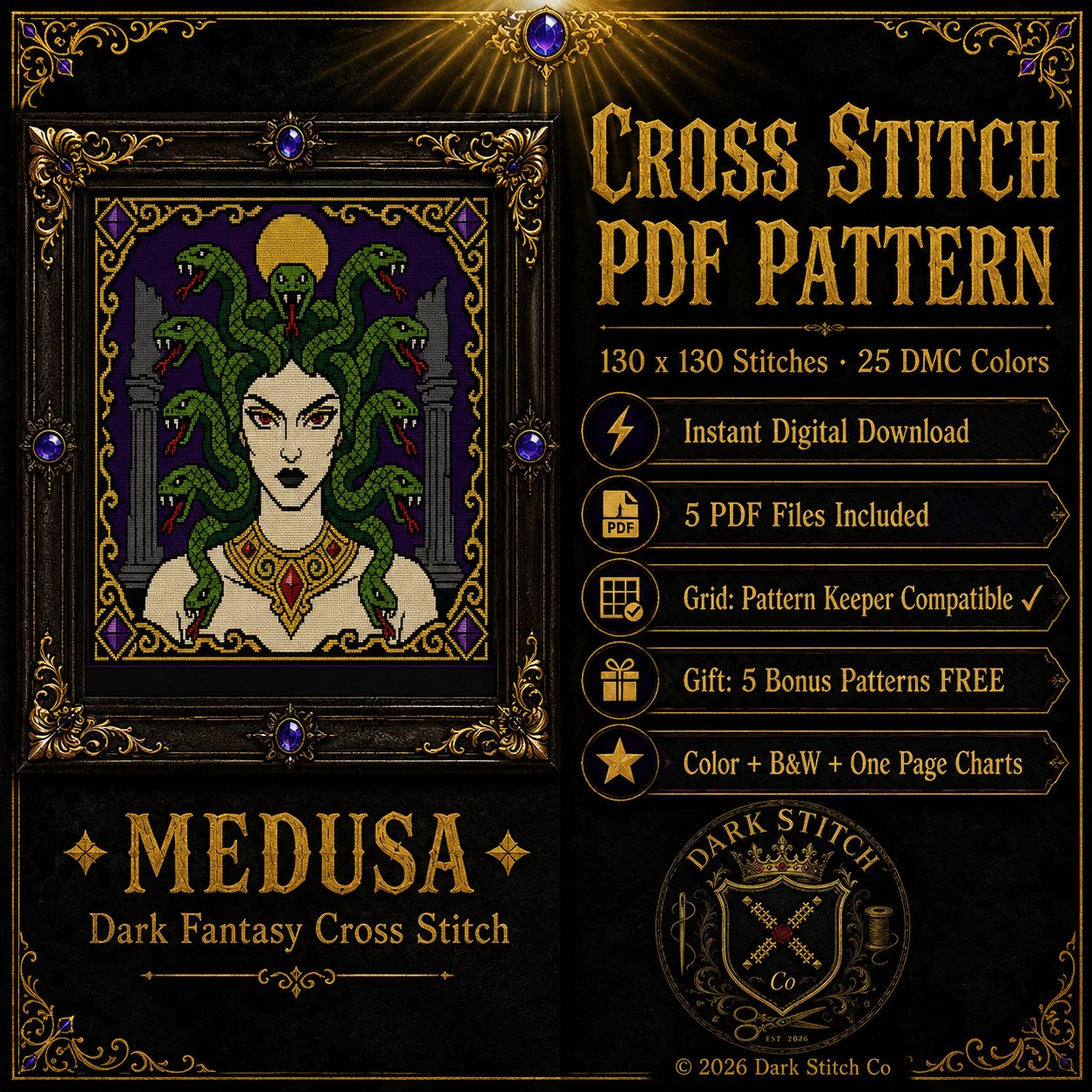 Gothic Medusa cross stitch pattern by DarkStitchCo — instant PDF download with bonus patterns