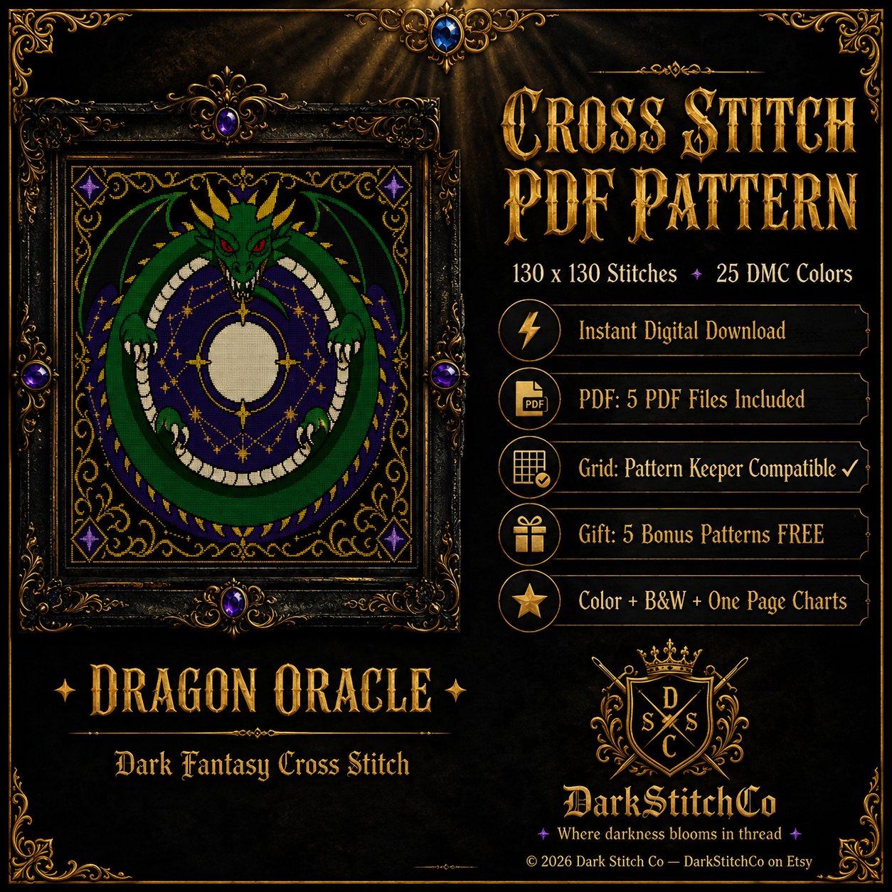 Gothic Ouroboros Dragon cross stitch pattern PDF — dark fantasy 130x130 design by DarkStitchCo