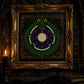 Gothic Ouroboros Dragon cross stitch finished piece framed on dark gothic wall — handmade home decor