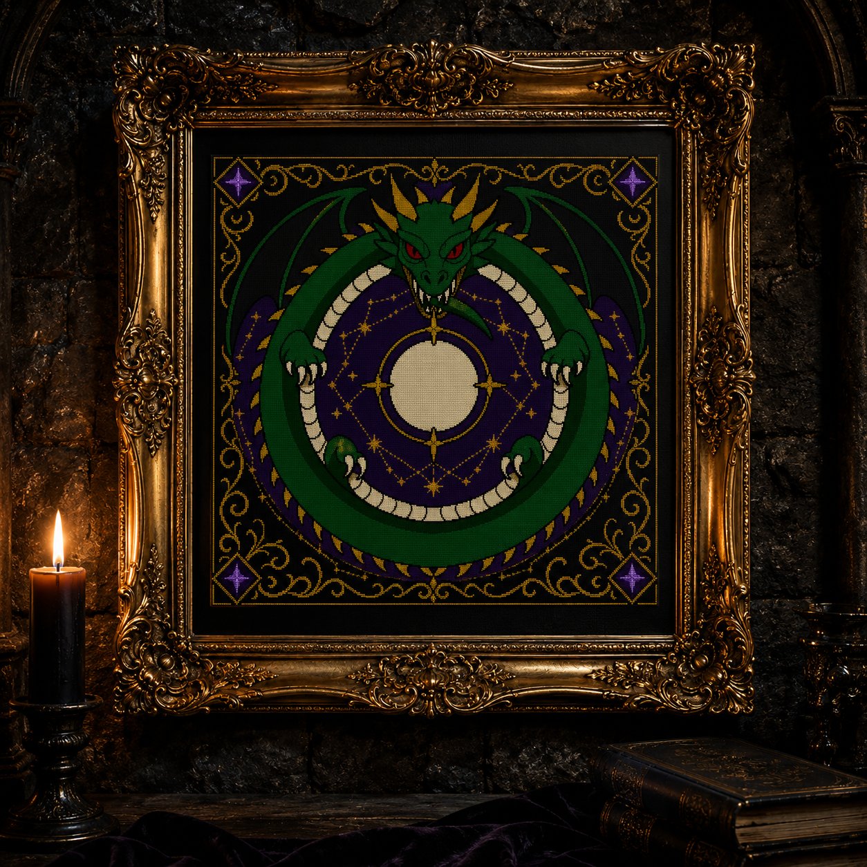 Gothic Ouroboros Dragon cross stitch finished piece framed on dark gothic wall — handmade home decor