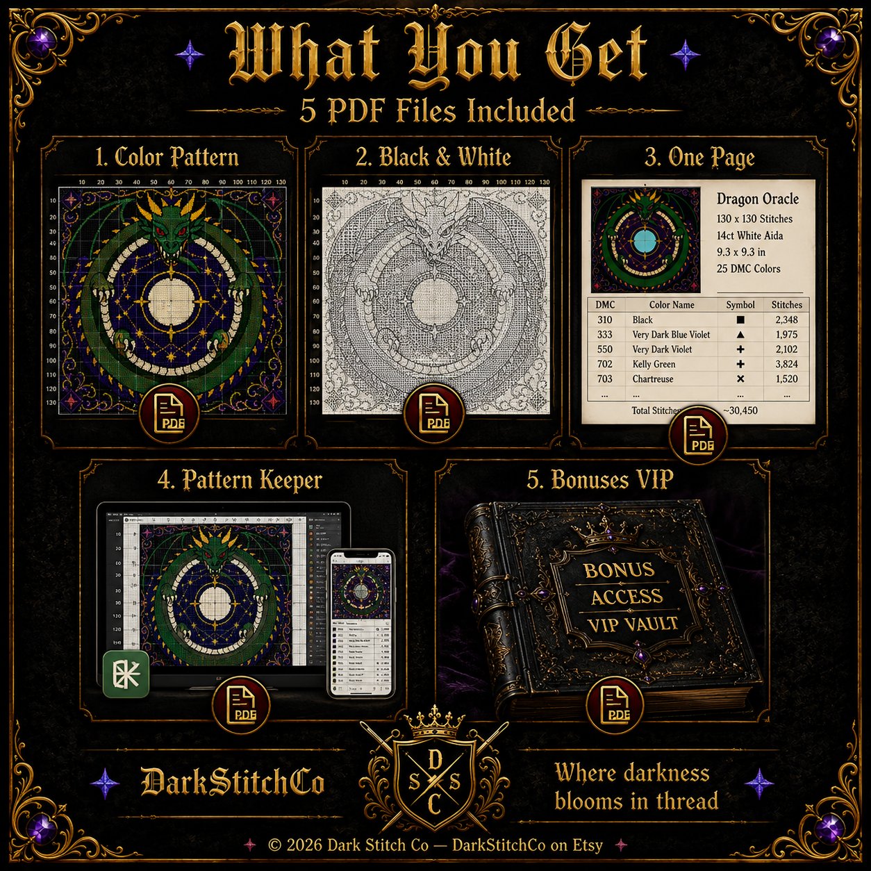 Gothic Ouroboros Dragon cross stitch color chart preview with full DMC floss code list