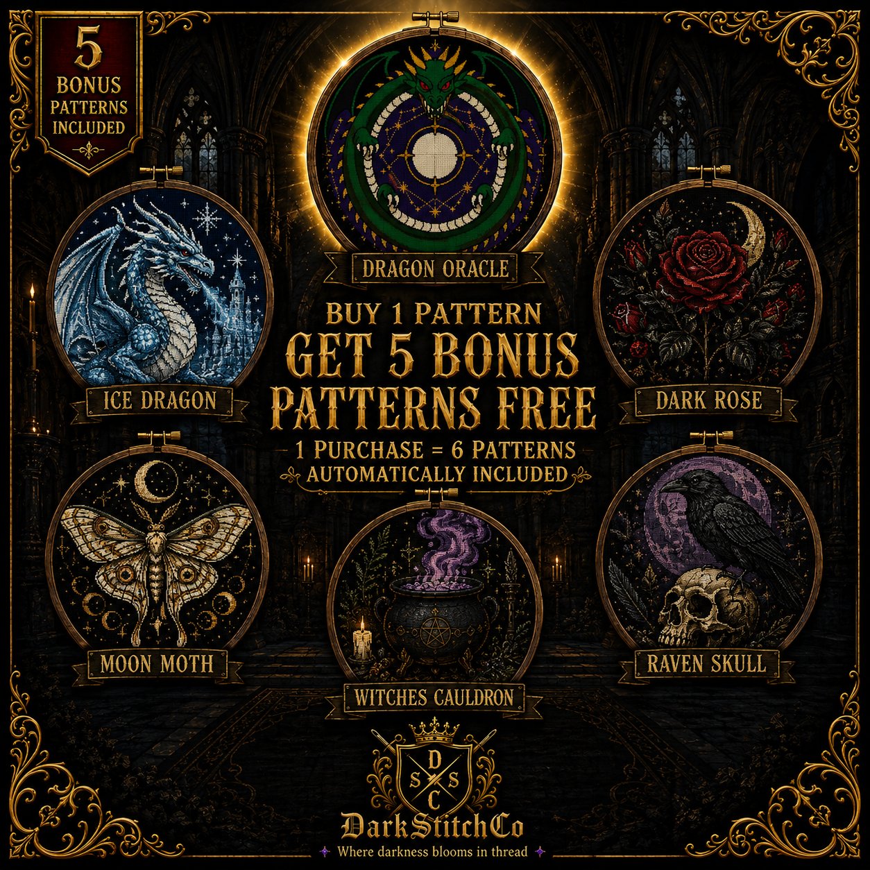 Gothic Ouroboros Dragon cross stitch hoop displayed in witchy gothic home decor aesthetic