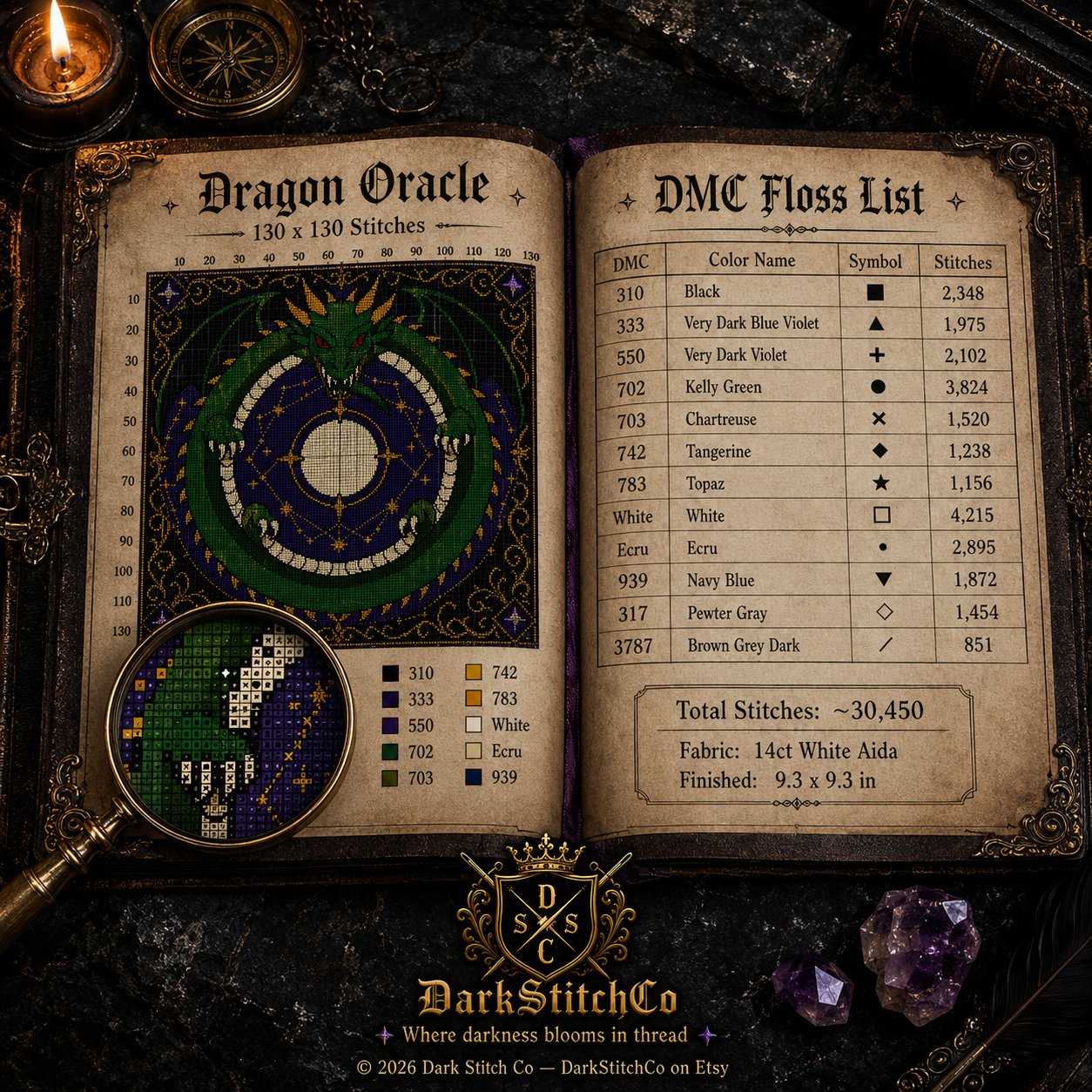 Gothic Ouroboros Dragon cross stitch pattern shown with DMC floss thread color palette