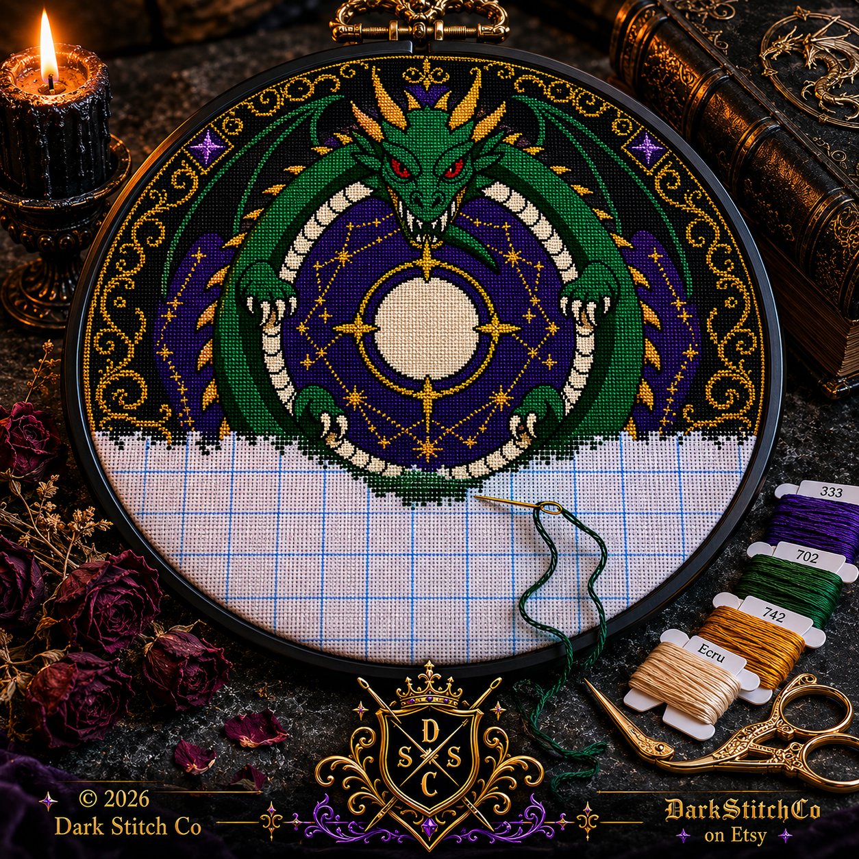 Gothic Ouroboros Dragon cross stitch finished on white Aida fabric with embroidery hoop