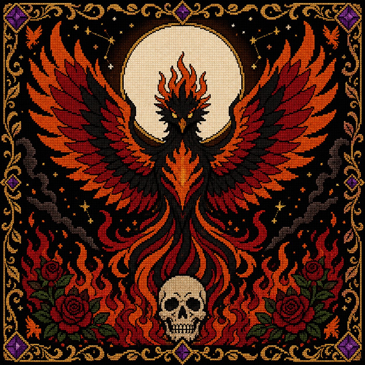 Gothic Phoenix Rebirth cross stitch color chart preview with full DMC floss code list