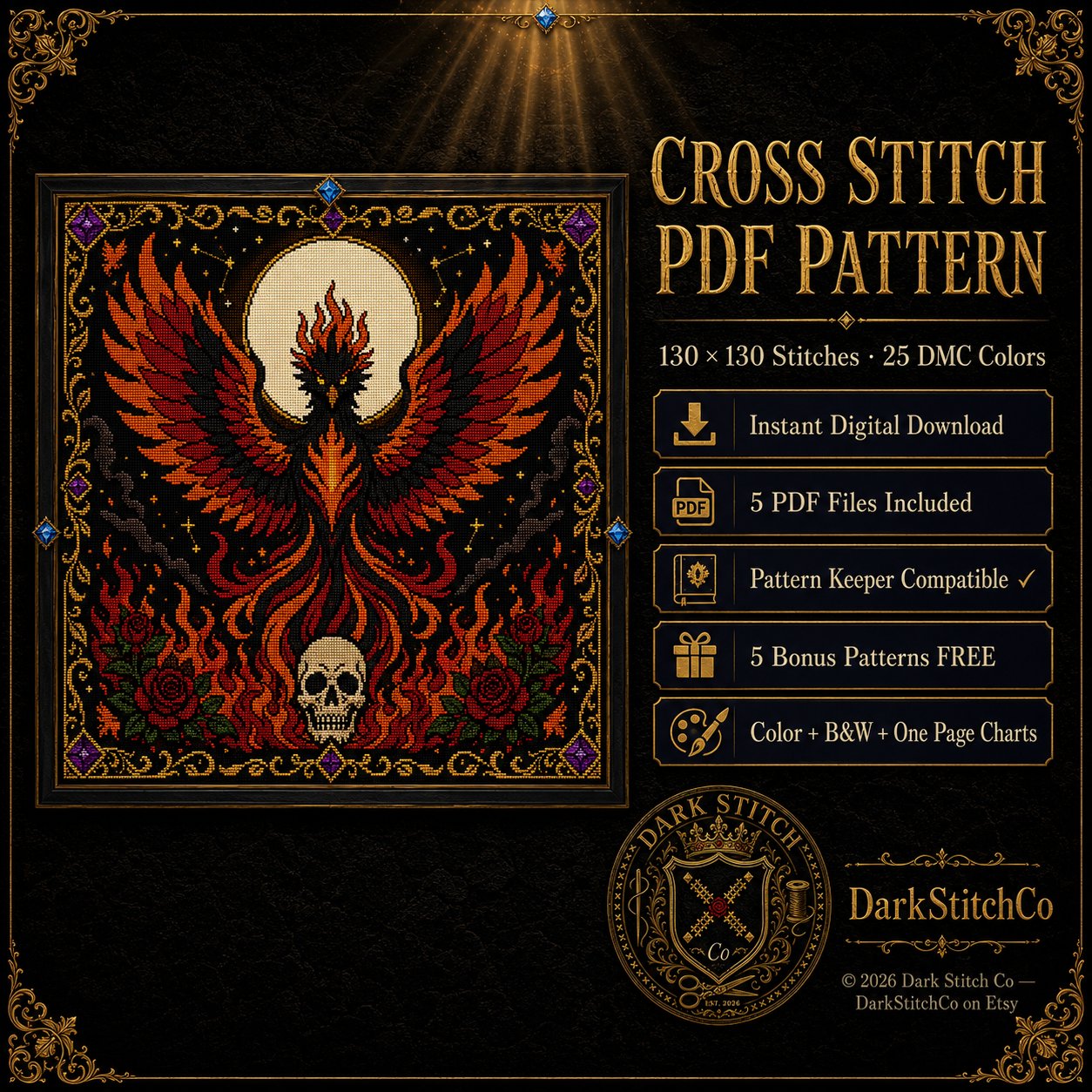 Gothic Phoenix Rebirth cross stitch hoop displayed in witchy gothic home decor aesthetic