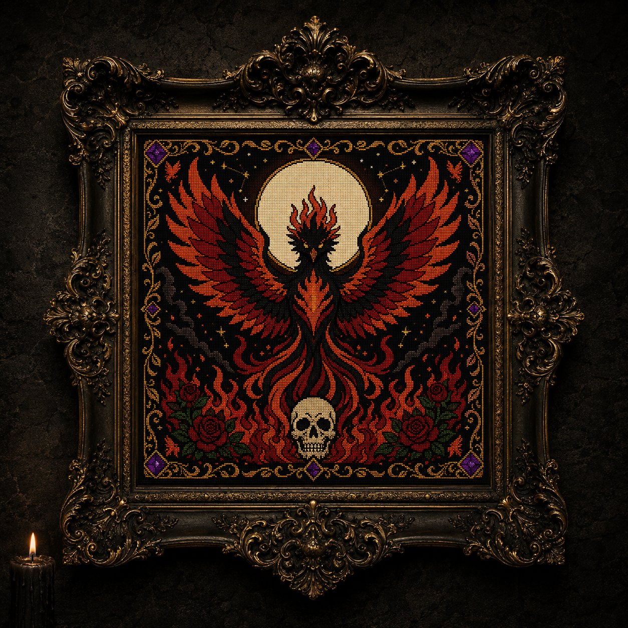 Gothic Phoenix Rebirth cross stitch close-up detail showing intricate gothic stitch work