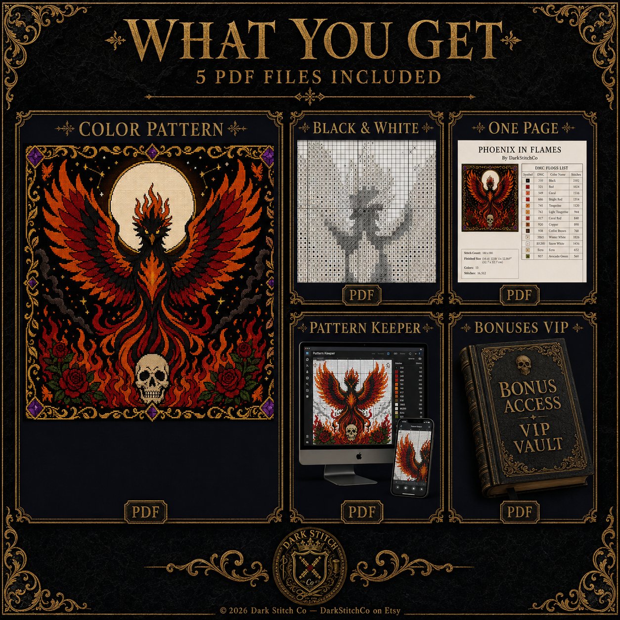 Gothic Phoenix Rebirth cross stitch pattern shown with DMC floss thread color palette