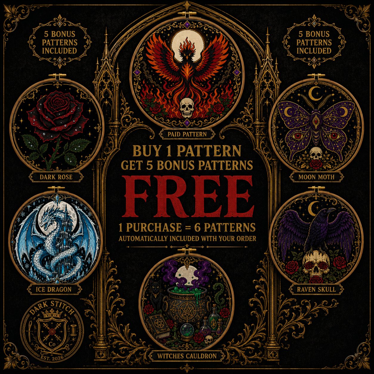 Gothic Phoenix Rebirth cross stitch black and white symbol chart preview — printer friendly