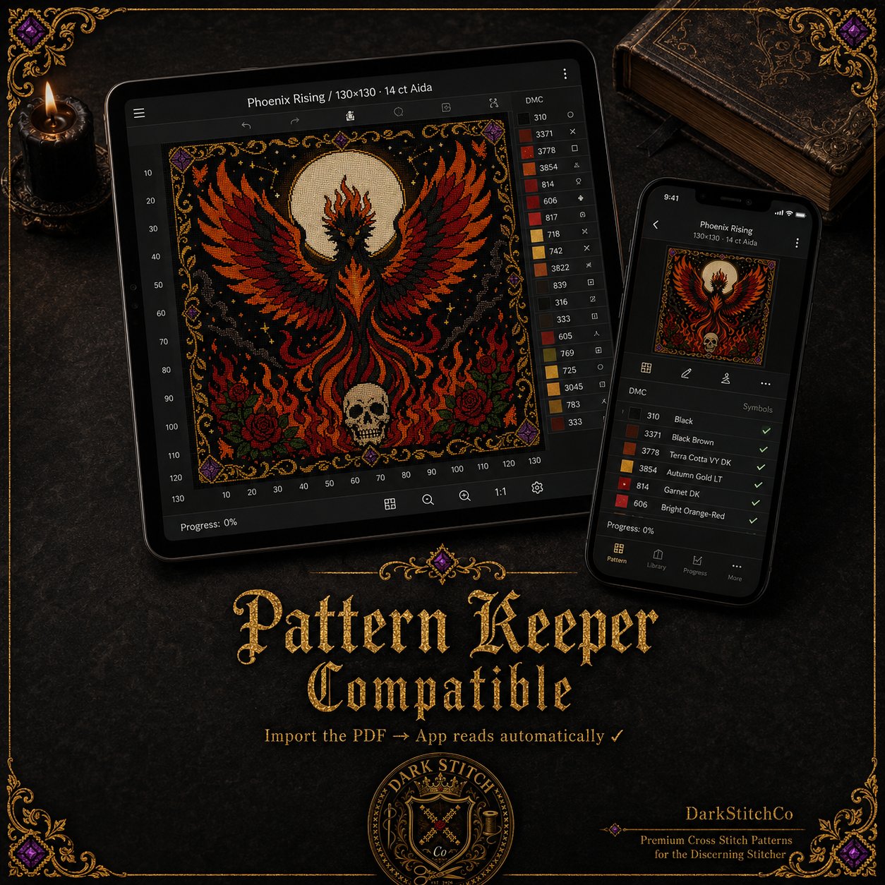 Gothic Phoenix Rebirth cross stitch finished on white Aida fabric with embroidery hoop