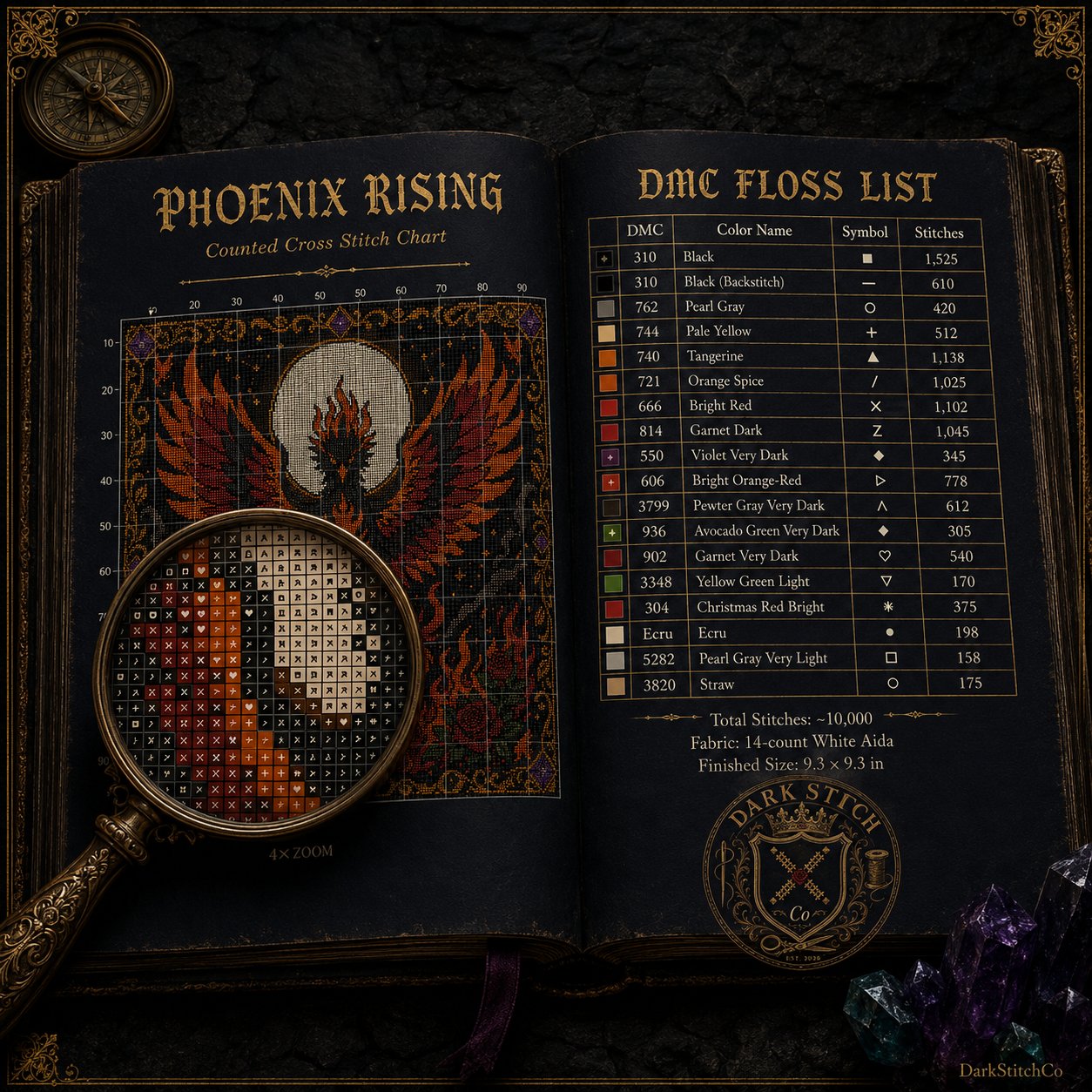 Gothic Phoenix Rebirth cross stitch gift idea for gothic stitchers and dark fantasy lovers