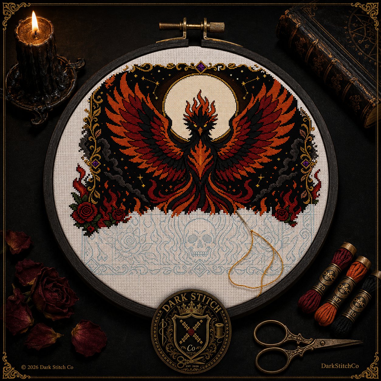 Gothic Phoenix Rebirth cross stitch pattern by DarkStitchCo — instant PDF download with bonus patterns