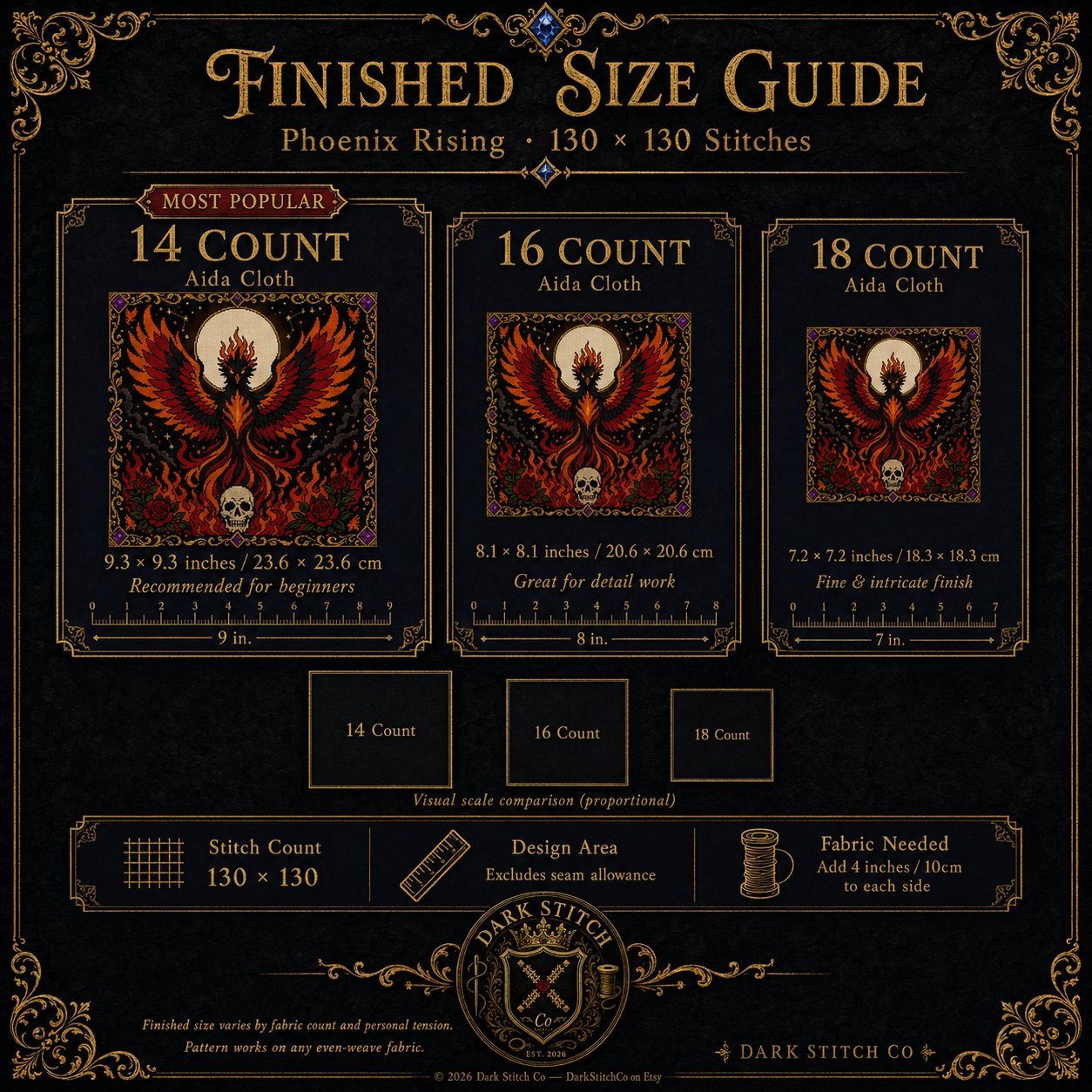 Gothic Phoenix Rebirth cross stitch pattern by DarkStitchCo — instant PDF download with bonus patterns