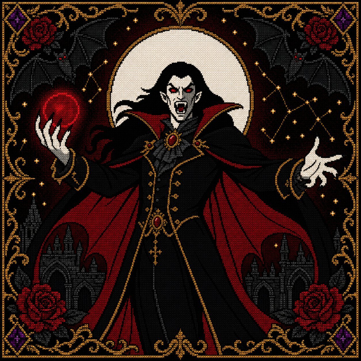 Gothic Vampire Lord cross stitch color chart preview with full DMC floss code list