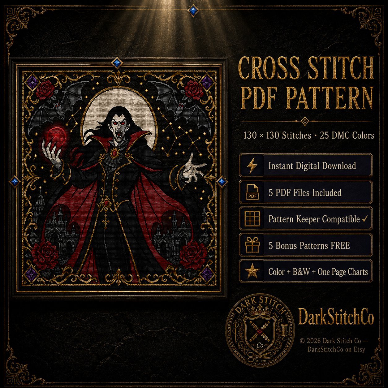 Gothic Vampire Lord cross stitch hoop displayed in witchy gothic home decor aesthetic