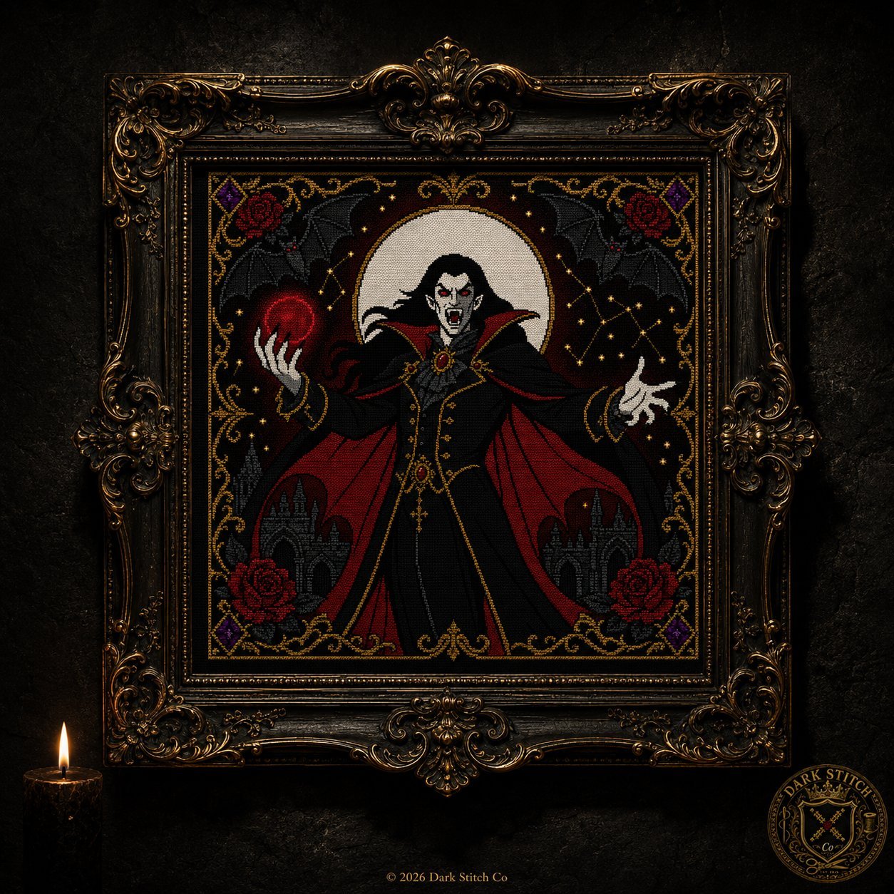 Gothic Vampire Lord cross stitch close-up detail showing intricate gothic stitch work