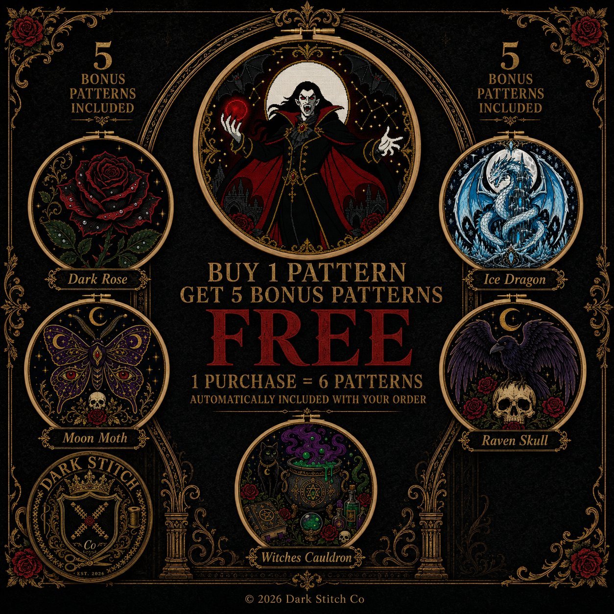Gothic Vampire Lord cross stitch black and white symbol chart preview — printer friendly