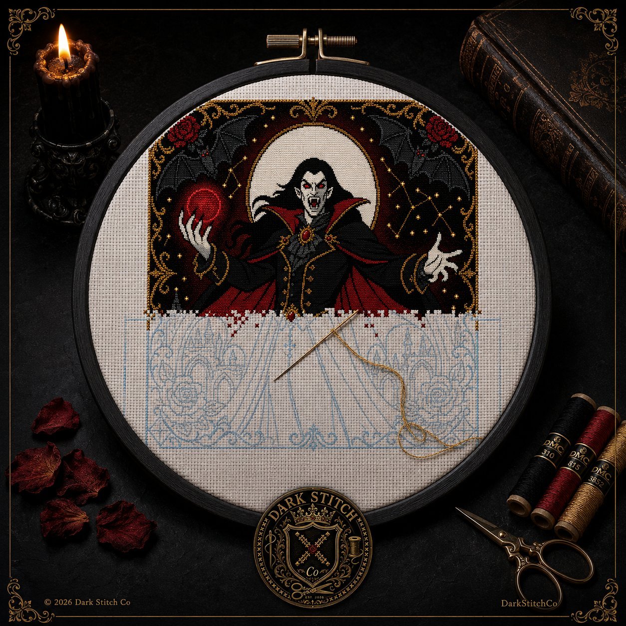 Gothic Vampire Lord cross stitch pattern by DarkStitchCo — instant PDF download with bonus patterns
