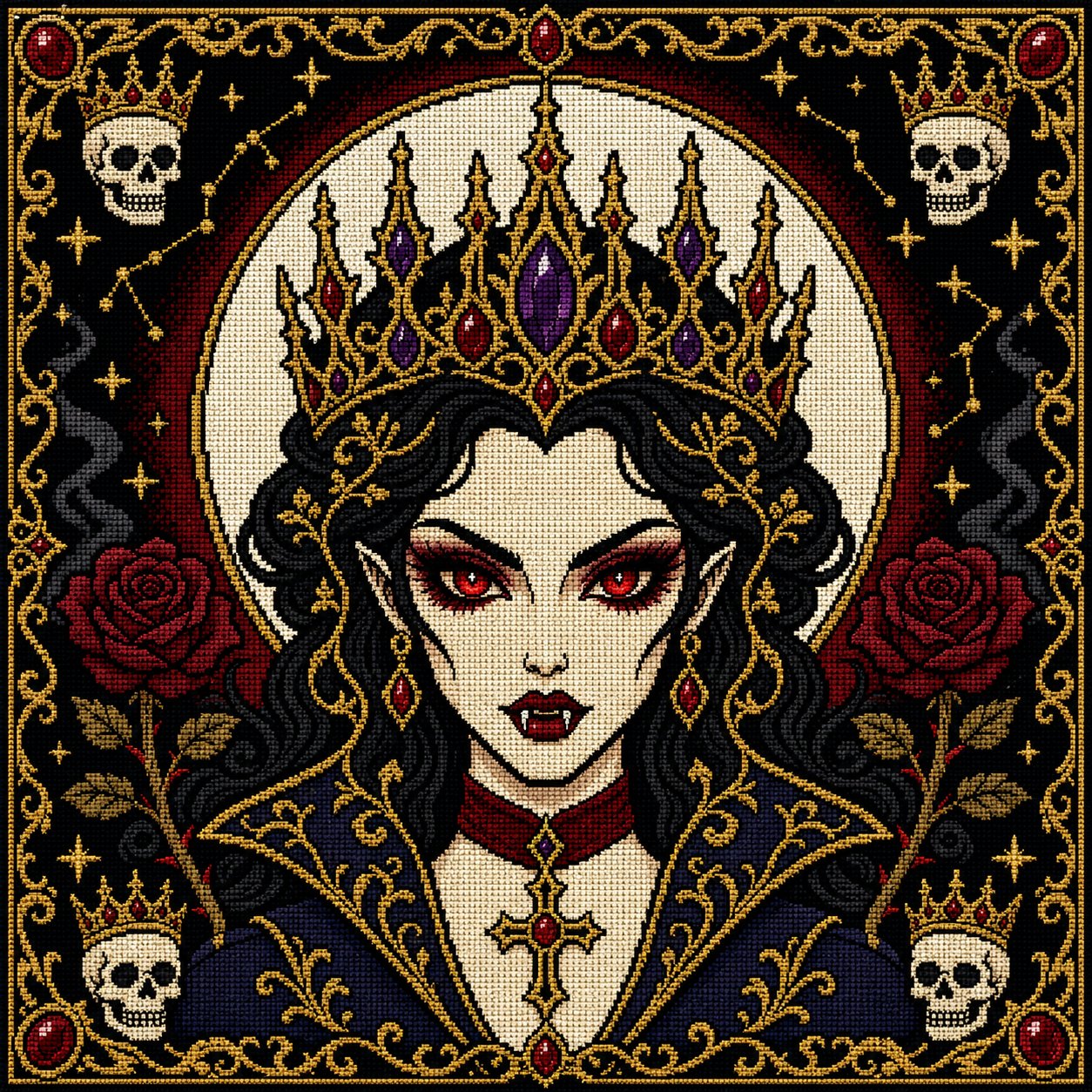 Gothic Vampire Queen Portrait cross stitch color chart preview with full DMC floss code list