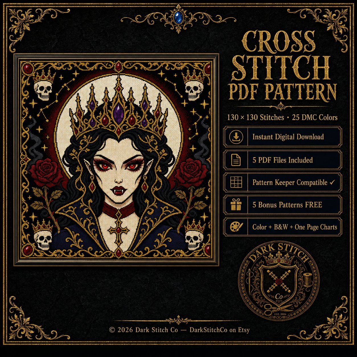 Gothic Vampire Queen Portrait cross stitch hoop displayed in witchy gothic home decor aesthetic