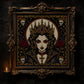 Gothic Vampire Queen Portrait cross stitch close-up detail showing intricate gothic stitch work