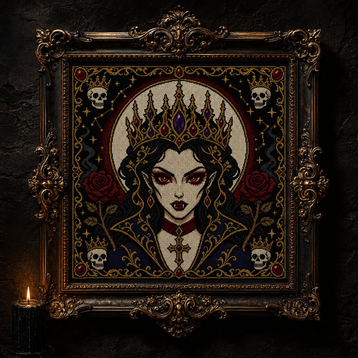 Gothic Vampire Queen Portrait cross stitch close-up detail showing intricate gothic stitch work