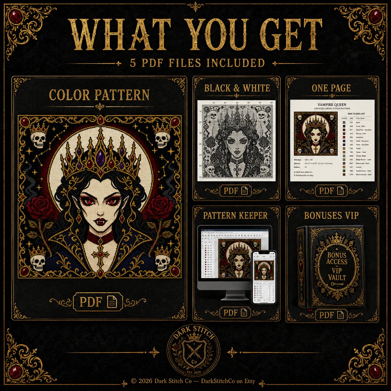 Gothic Vampire Queen Portrait cross stitch pattern shown with DMC floss thread color palette