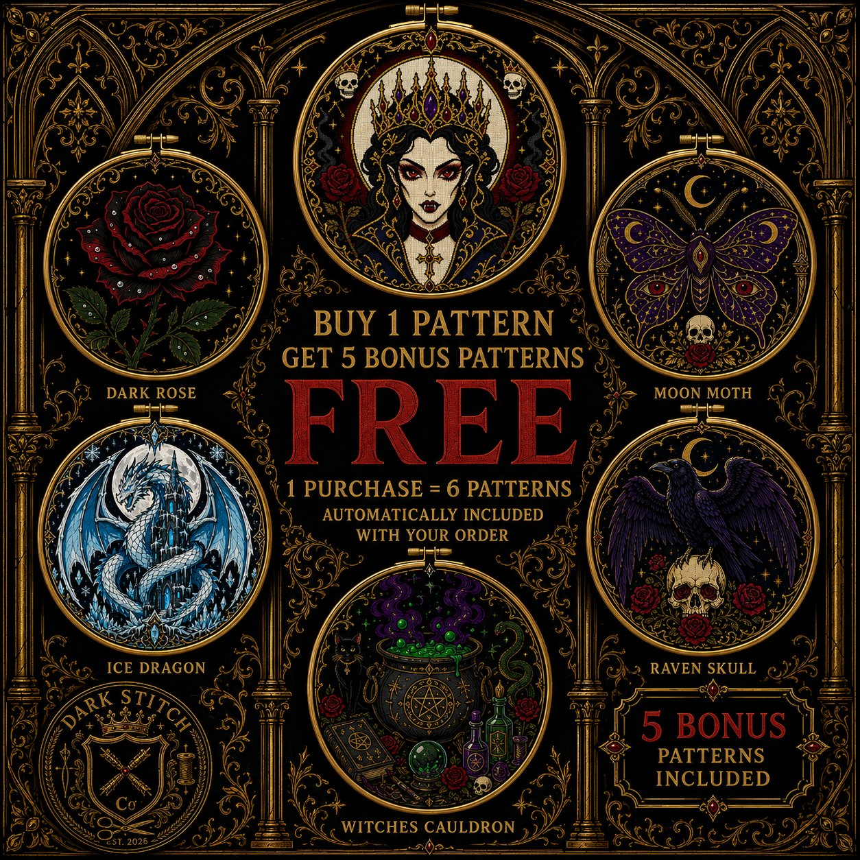 Gothic Vampire Queen Portrait cross stitch black and white symbol chart preview — printer friendly