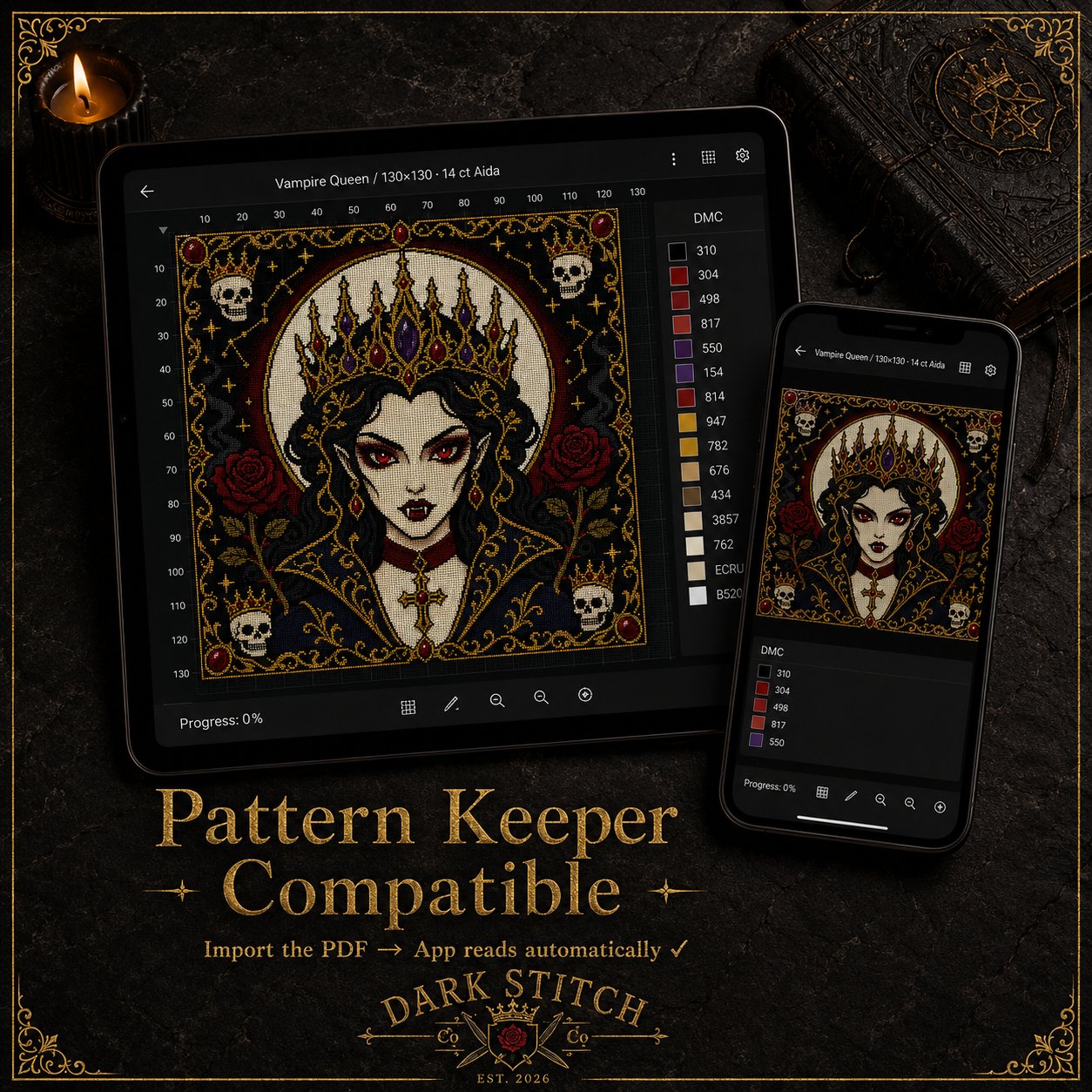 Gothic Vampire Queen Portrait cross stitch finished on white Aida fabric with embroidery hoop