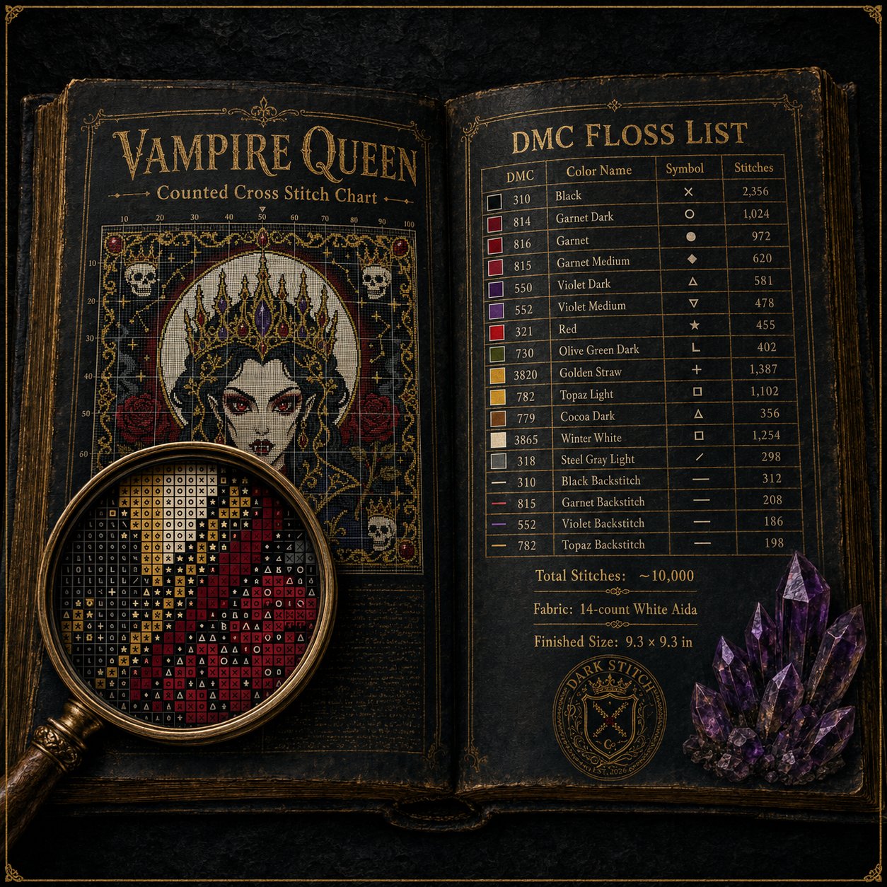 Gothic Vampire Queen Portrait cross stitch gift idea for gothic stitchers and dark fantasy lovers