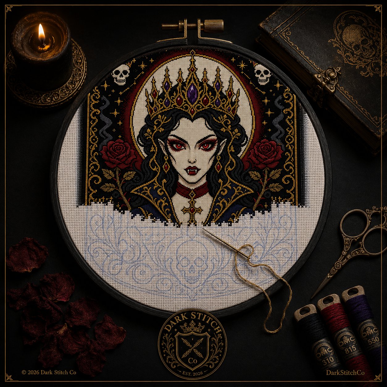 Gothic Vampire Queen Portrait cross stitch pattern by DarkStitchCo — instant PDF download with bonus patterns