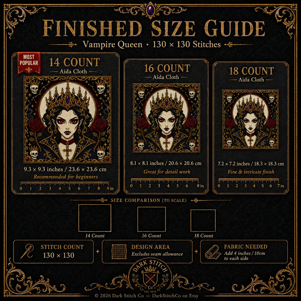 Gothic Vampire Queen Portrait cross stitch pattern by DarkStitchCo — instant PDF download with bonus patterns