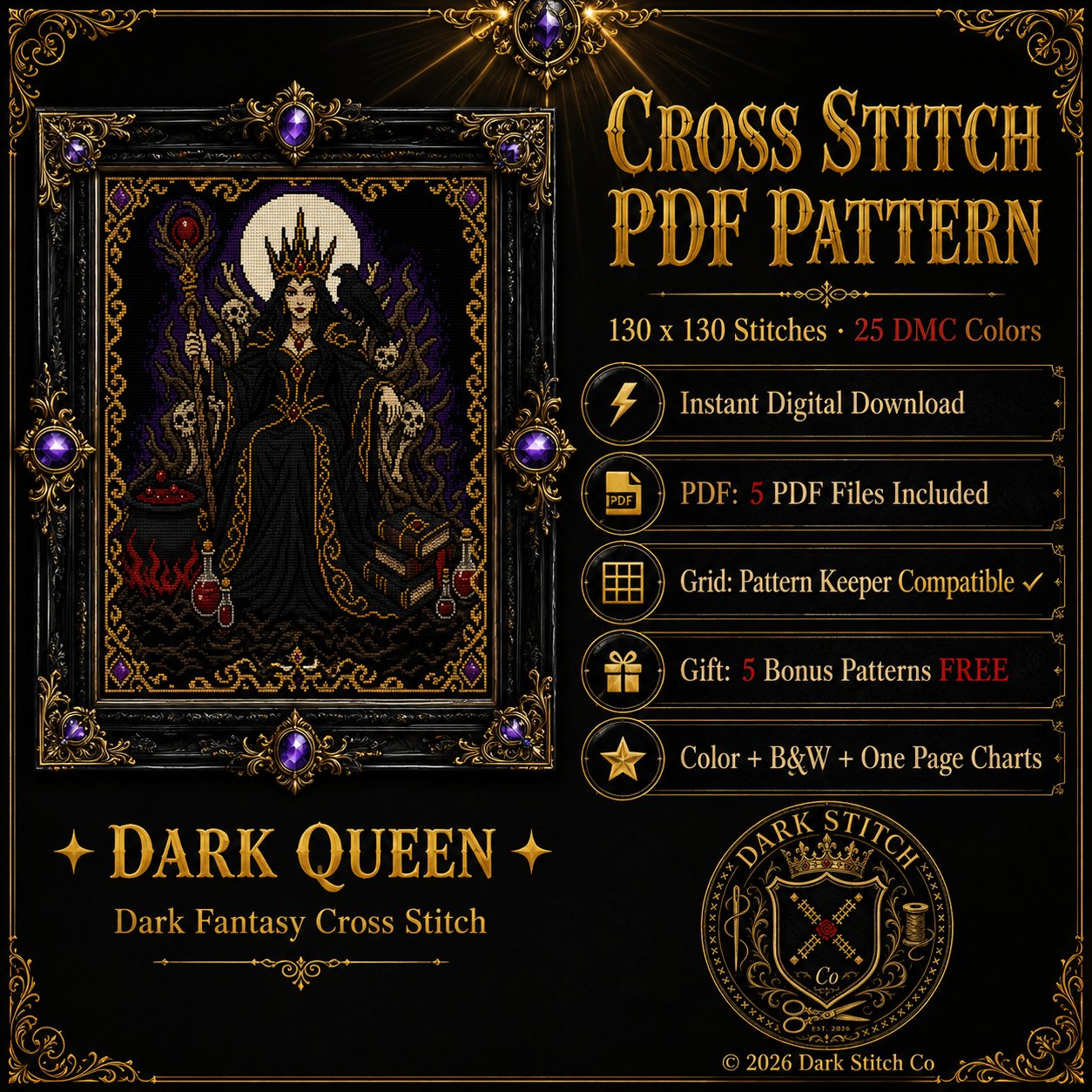 Gothic Witch Queen cross stitch pattern PDF — dark fantasy 130x130 design by DarkStitchCo