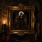 Gothic Witch Queen cross stitch finished piece framed on dark gothic wall — handmade home decor