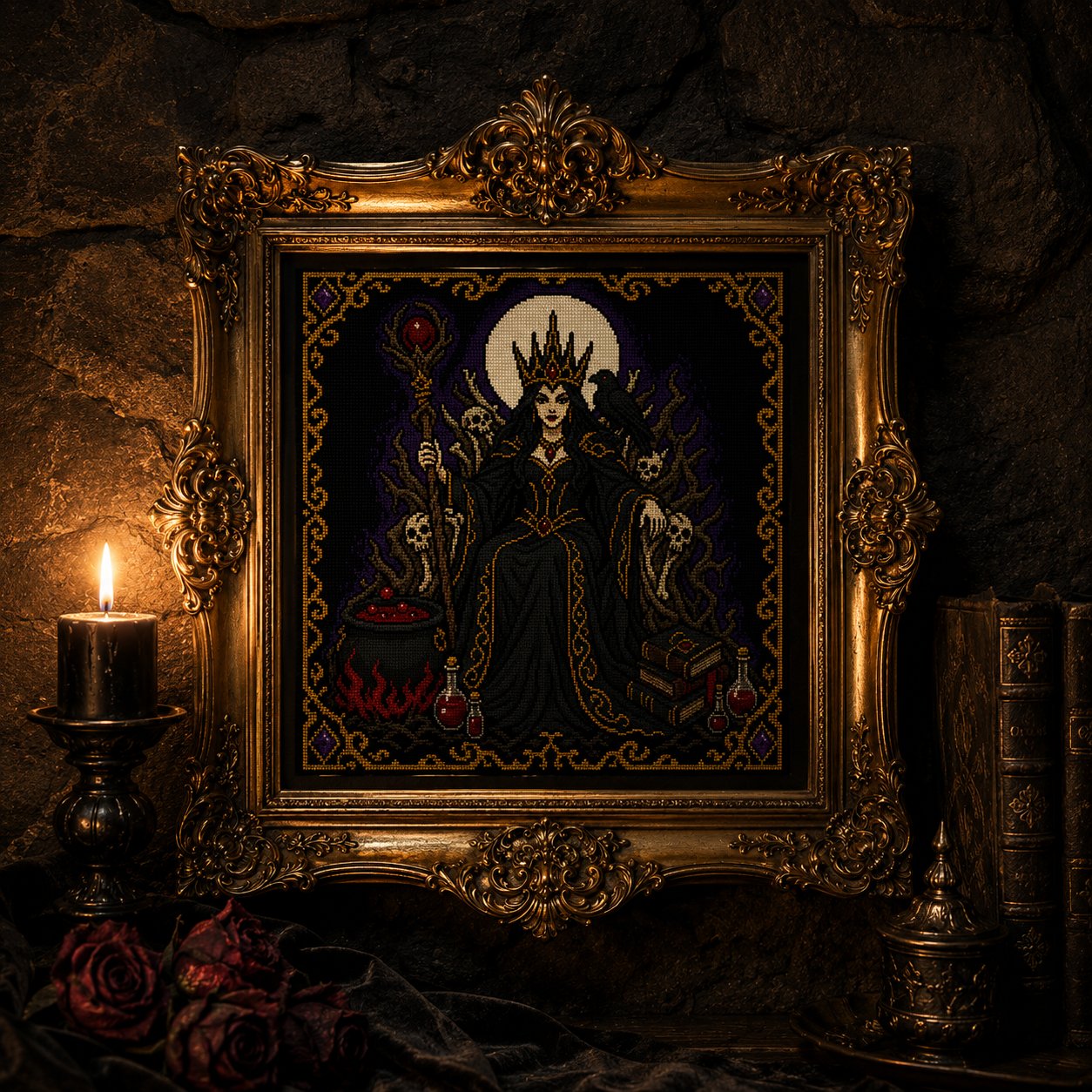 Gothic Witch Queen cross stitch finished piece framed on dark gothic wall — handmade home decor