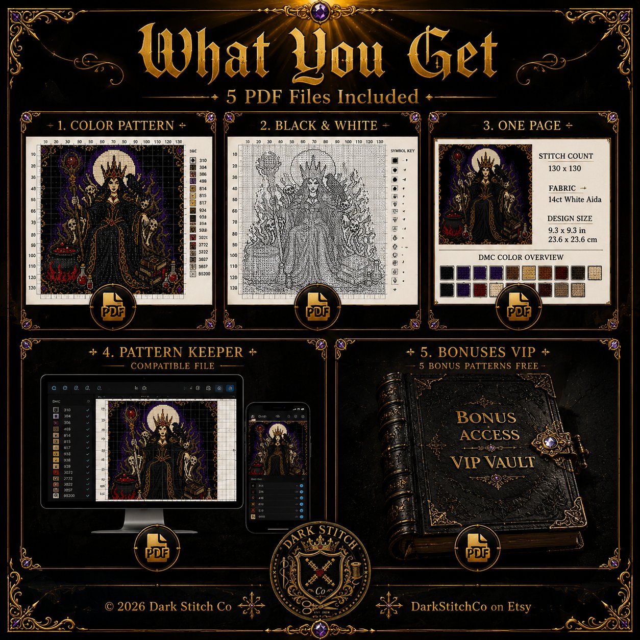Gothic Witch Queen cross stitch color chart preview with full DMC floss code list