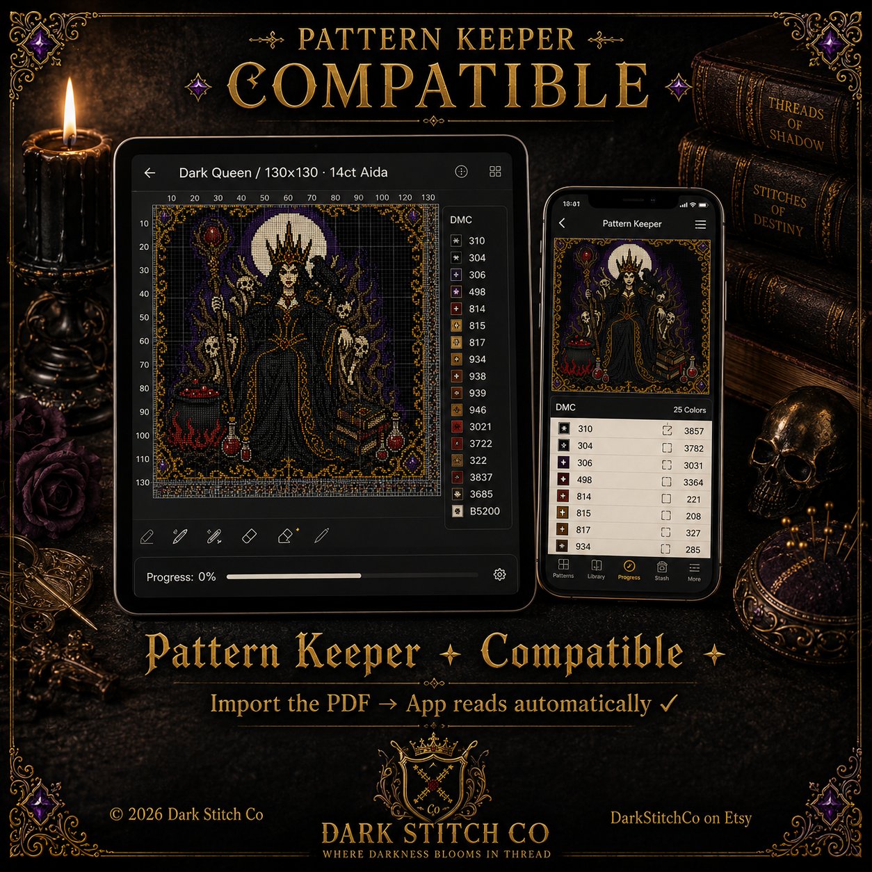 Gothic Witch Queen cross stitch hoop displayed in witchy gothic home decor aesthetic