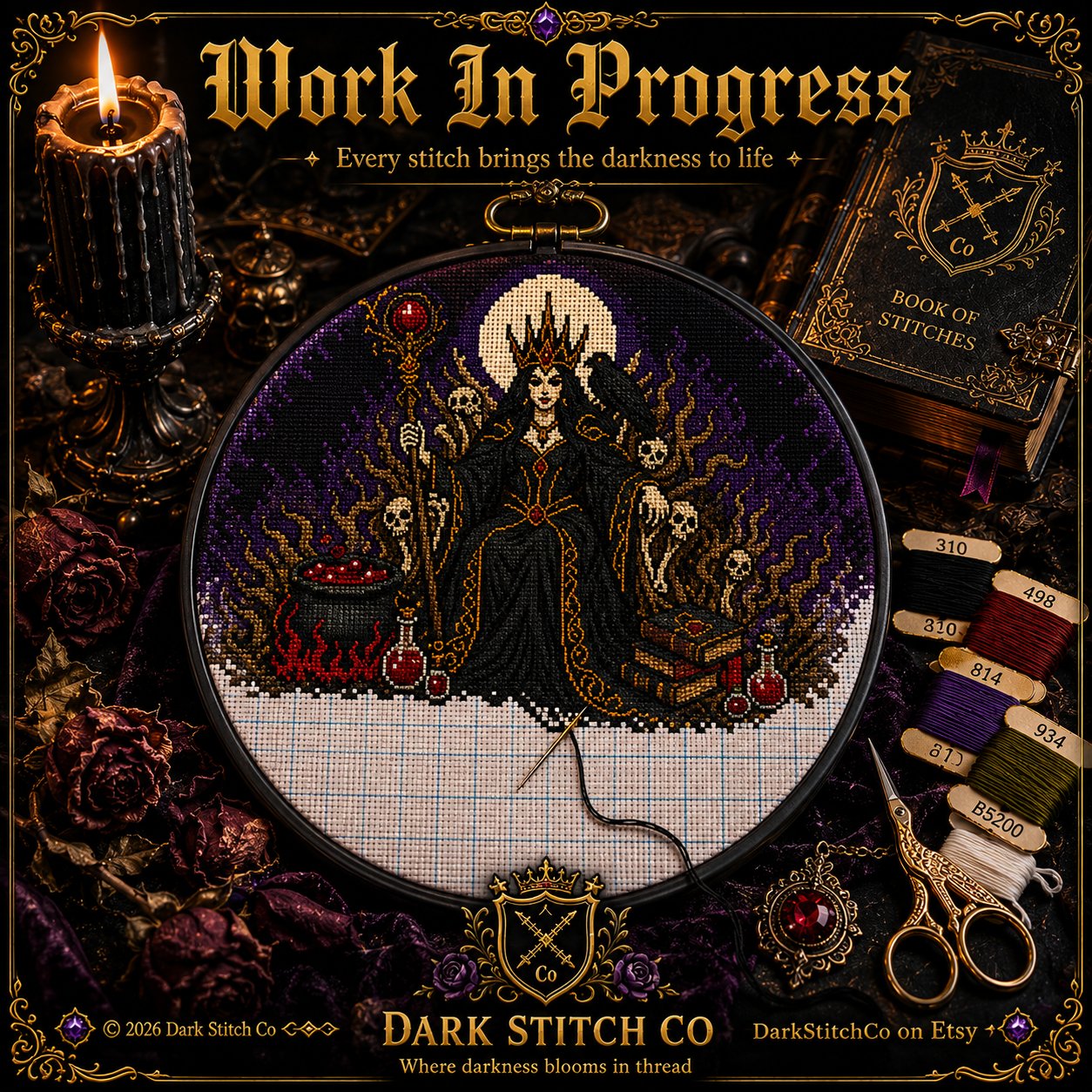 Gothic Witch Queen cross stitch pattern shown with DMC floss thread color palette